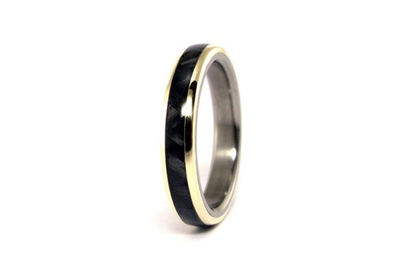 Mens Black Carbon Fiber And Gold Stainless Steel 8mm Band Ring