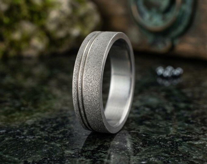 Sandblasted Titanium Ring, Flat Inlay Mens Wedding Band. (00013_7N)