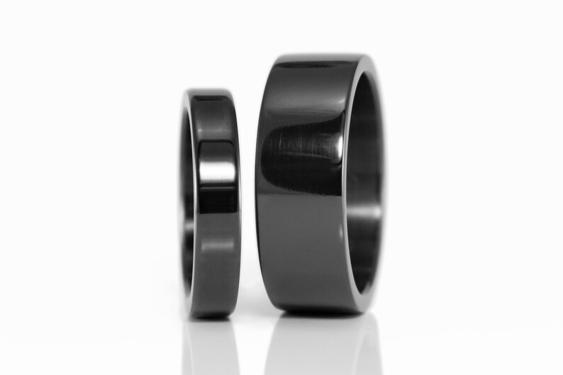 Black zirconium wedding ring set. Zirconium matching flat wedding bands. 01111_4N7N image 2