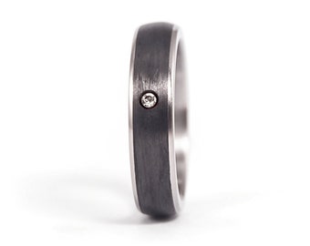 Titanium and carbon fiber ring for her. Black womens wedding band. Matte and rounded engagement band with Swarovski crystal (00344_4S1)