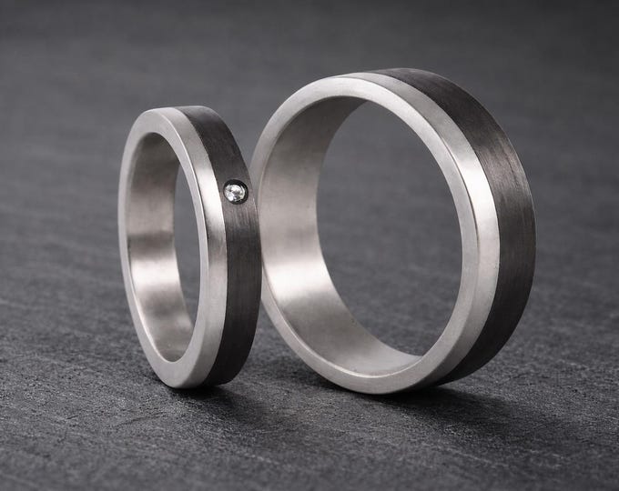 Titanium Carbon Fiber Wedding Ring Set - Black Matching Bands with Crystal. (00309_4S7N)