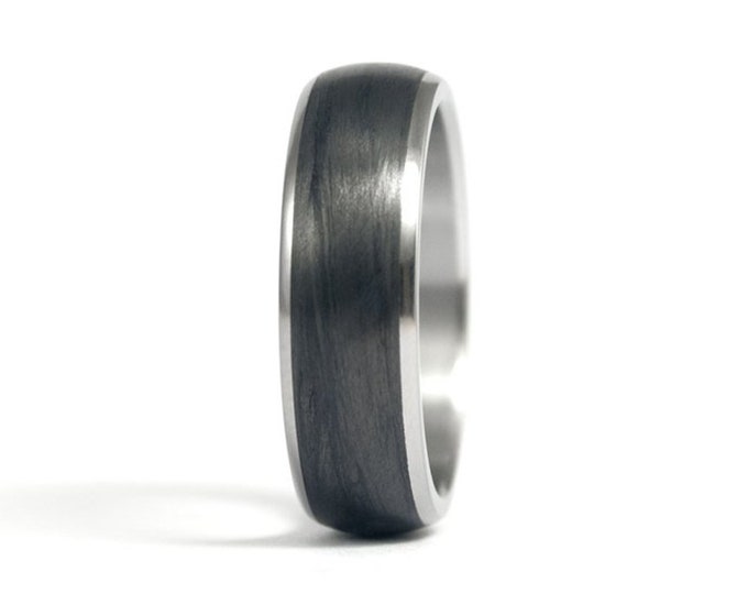 Handmade Matte Titanium Ring, Black Carbon Fiber Inlay. (00344_7N)