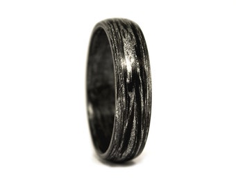 Matte carbon fiber and silver ring for her. Black womens wedding band. Round engagement ring for her.  (00102_4N)