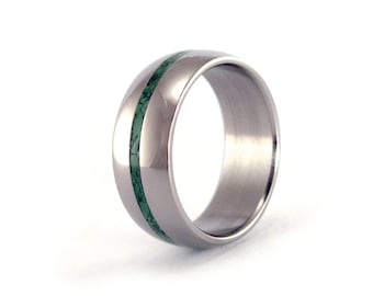 Titanium ring with malachite semi precious stone. Green wedding band. Polished titanium ring (03235_8N)
