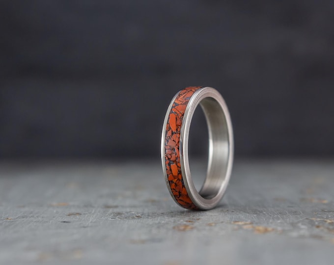 Handmade Titanium Ring with Red Jasper Stone, Polished Edges. (03231_4N)