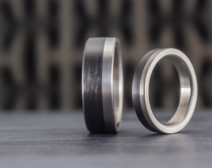 Handmade Titanium Wedding Band Set, Carbon Fiber Inlay, Matte Black Rings. (00309_4N8N)