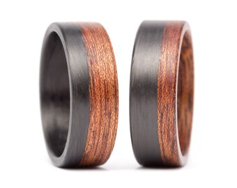 Matte carbon fiber and bentwood wedding ring set. Black flat cedar wood matching bands. Wooden engagement rings (00404_7N_00405_7N)