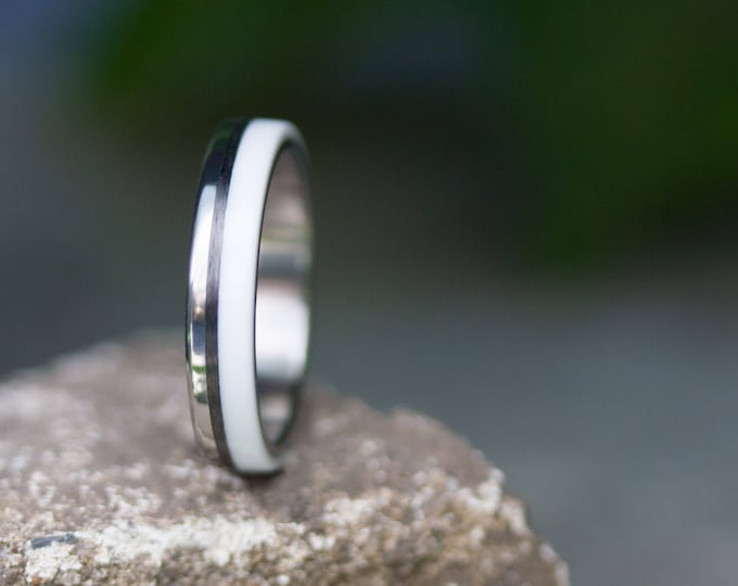Polished Titanium White Corian Carbon Fiber Ring, Women's Wedding Band. (03401_4N)