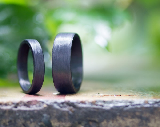 Matte Carbon Fiber Wedding Ring Set, Flat Matching Bands. (00101_4N7N)