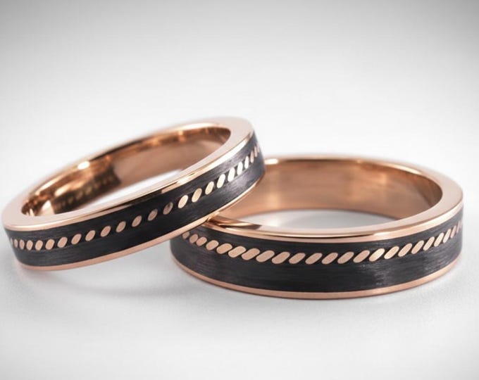 Rose Gold & Carbon Fiber Wedding Ring Set with Braided Band. (04711_4N7N)