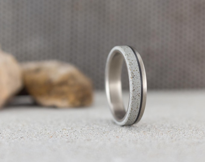 Matte Titanium Ring, Gray Concrete & Carbon Fiber Inlay, Women's Wedding Band. (00801_4N)