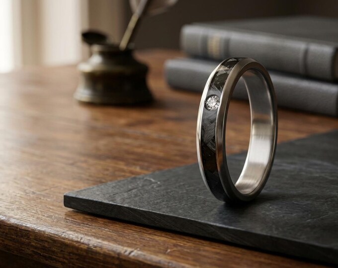 Titanium Carbon Fiber Ring with Swarovski Crystal – Handmade Wedding Band. (00331_4S)