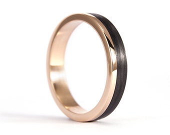 18K rose gold and carbon fiber ring. Black and gold wedding band. Unique design (00444_4N)
