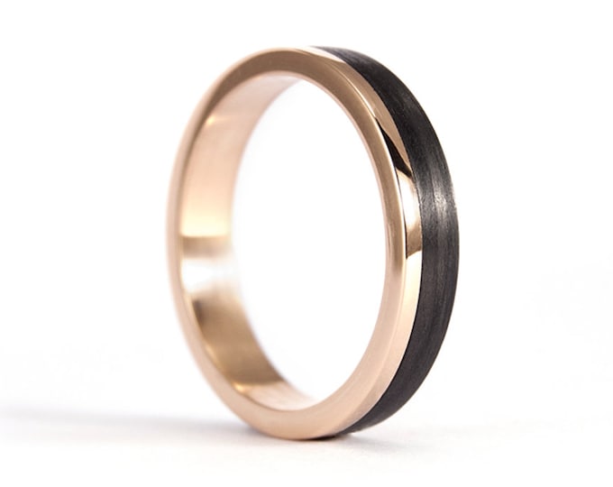 Rose Gold & Carbon Fiber Wedding Band, Unique Handmade Ring. (00444_4N)