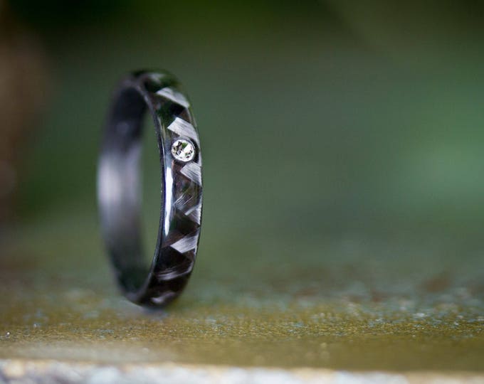 Handmade Carbon Fiber Ring with Swarovski Crystal – Womens Wedding Band. (00103_4S)