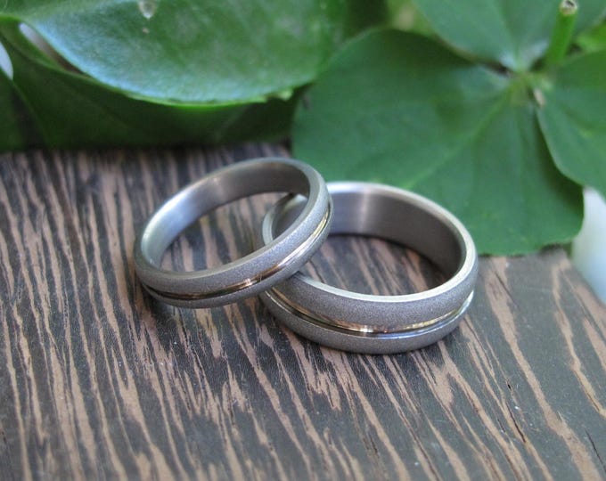 Sandblasted Titanium Wedding Ring Set, 18K Yellow Gold Inlay. (01558_4N7N)