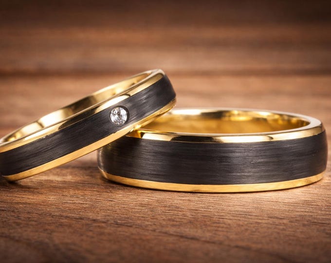 18K Gold Wedding Ring Set: Matte Carbon Fiber Band, Swarovski Crystal. (04710_4N6N)