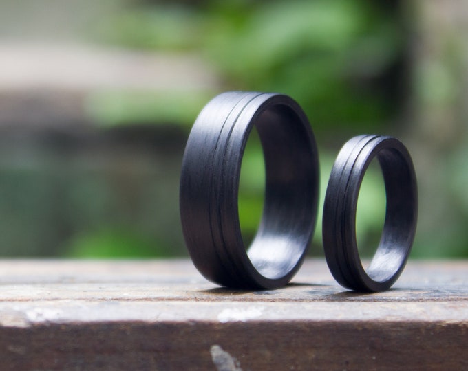 Matte Carbon Fiber Wedding Ring Set, Matching Engagement Bands. (00108_4_7N)