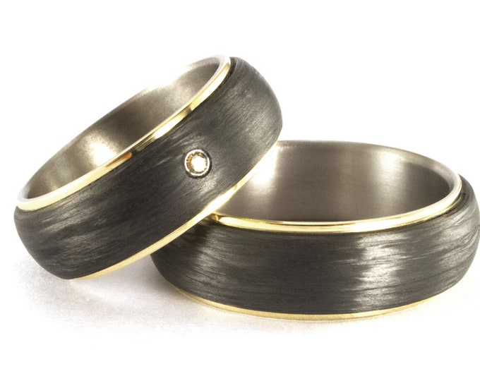 Handmade Titanium Wedding Ring Set: Carbon Fiber & 18K Gold, Swarovski Crystal. (00422_7S7N)
