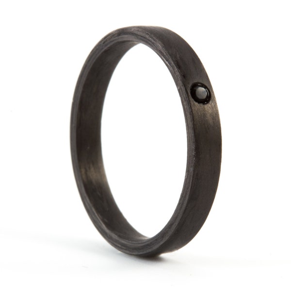 Matte carbon fiber ring for her. Black womens wedding band with black diamond. Flat carbon fiber engagement ring with diamond (00101_4Dn)