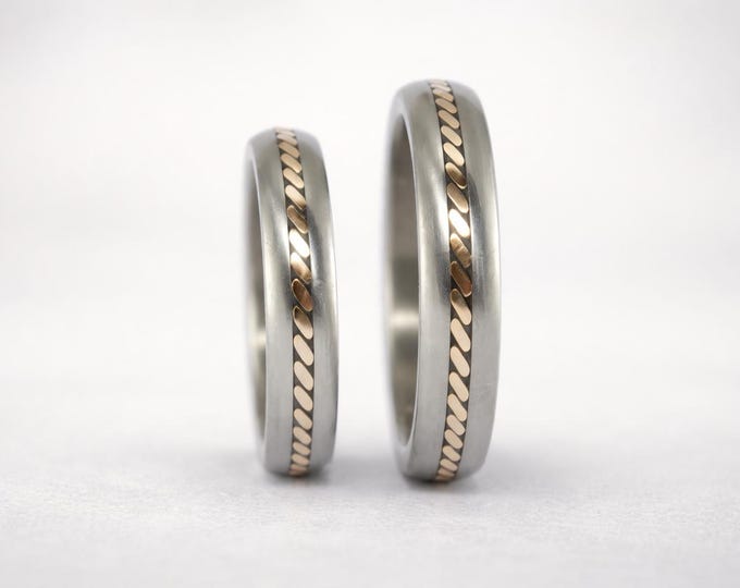 Matte Titanium 18k Gold Wedding Band Set, Matching Engagement Rings. (04300_3N4N)