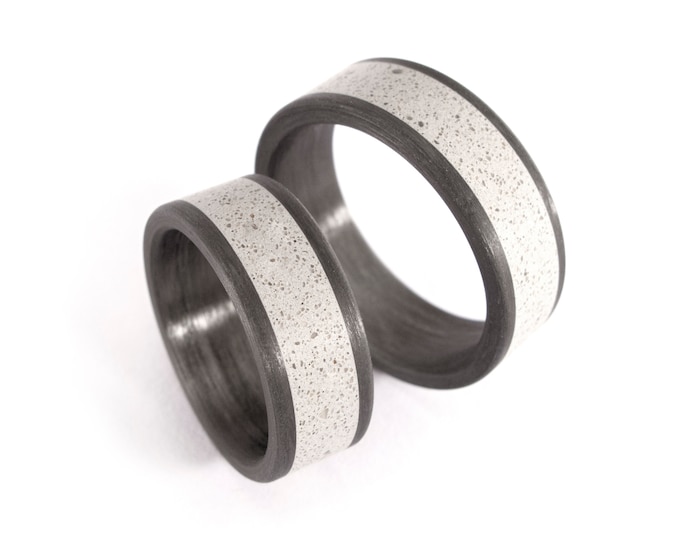 Carbon Fiber Wedding Band Set, Grey Concrete Inlay, Hypoallergenic. (01000_7N7N)