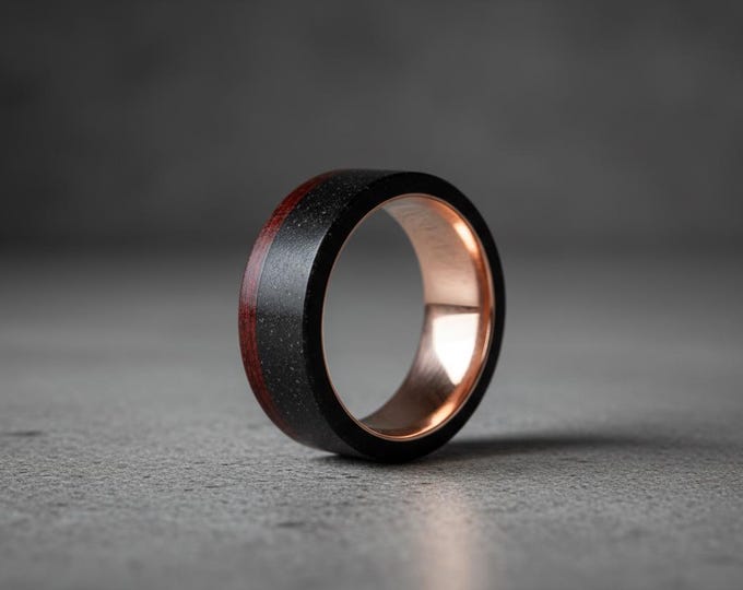 Handmade Rose Gold, Concrete & Wenge Wood Ring, Mens Wedding Band. (00560_8N)