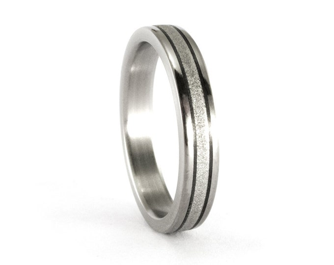 Titanium Wedding Band with Carbon Fiber Inlays, Sandblasted Flat Ring. (00343_4N)