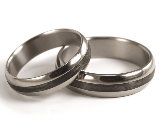 Handmade Titanium Wedding Band Set, Polished Carbon Fiber Rings. (00345_4N4N)