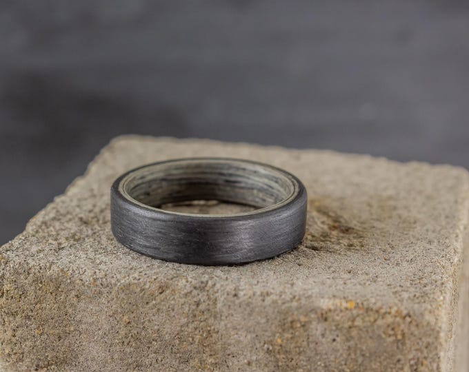 Matte Carbon Fiber Ring, Gray Wood Inlay, Black Flat Wedding Band. (00401_7N)