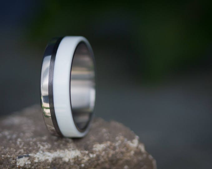 Men's Titanium Wedding Band, Corian and Carbon Fiber Ring. (03401_7N)