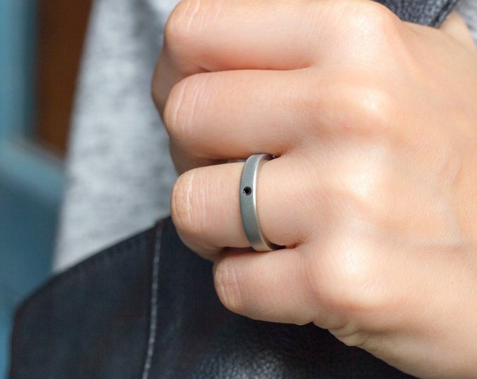 Matte Titanium Ring with Black Diamond, Hypoallergenic Wedding Band. (00002_4D)
