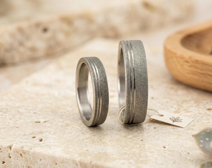 Sandblasted Titanium Wedding Ring Set, Flat Matching Bands. (00013_4N7N) FREE TAXES