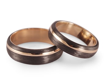 Rose 18k gold wedding ring set with carbon fiber. Matching wedding bands. Golden engagement rings (00512_5N6N)