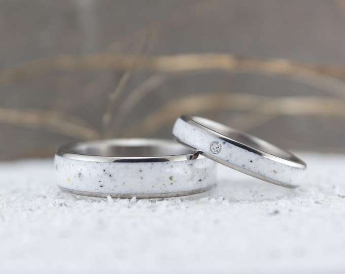 Titanium Marble Wedding Band Set, Swarovski Crystal Inlay. (08743_4S6N)