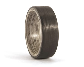 Matte carbon fiber and gray wood ring for him. Black flat wedding band. Gray wood and carbon fiber engagement ring for him.  (00401_7N)