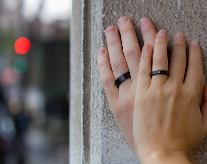 Matte Carbon Fiber Wedding Ring Set, Black Bands with Swarovski Crystal. (00101_4S7N)