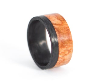 Matte carbon fiber and bentwood ring for him. Black flat walnut root wood mens wedding band. Wooden engagement ring  (00408_7N)