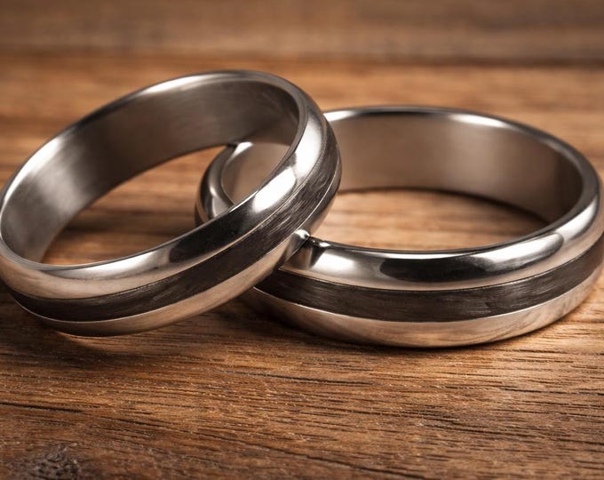 Handmade Titanium Wedding Band Set, Polished Carbon Fiber Rings. (00345_4N4N)