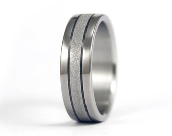 Titanium and carbon fiber flat ring for him. Sandblasted and polished mens wedding band with carbon fiber inlays. (00343_7N)