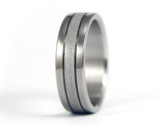 Handmade Titanium Ring with Carbon Fiber Inlay - Sandblasted Mens Wedding Band. (00343_7N)