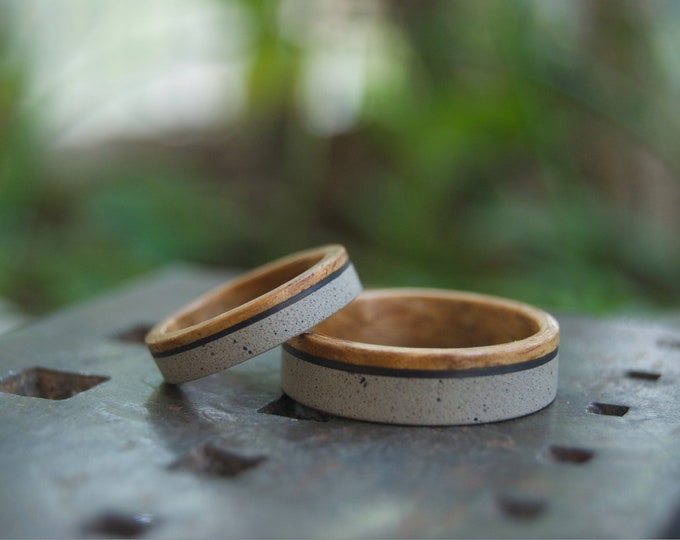 Featured listing image: Eucalyptus & concrete wedding rings set. Bendwood eucalyptus wedding bands. Concrete and wooden engagement rings (00992_7N4N)