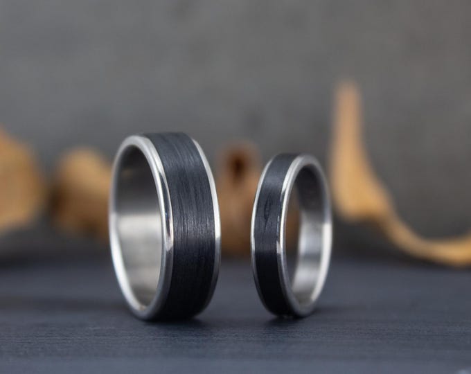 Carbon Fiber Titanium Wedding Band Set, Matching Modern Rings. (00333_4N7N)