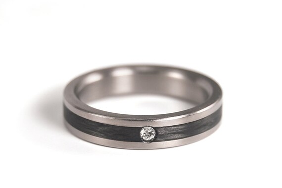 Matte titanium and carbon fiber ring for her. Black flat womens wedding band with Swarovski crystal. Engagement ring for her 00348 4S1