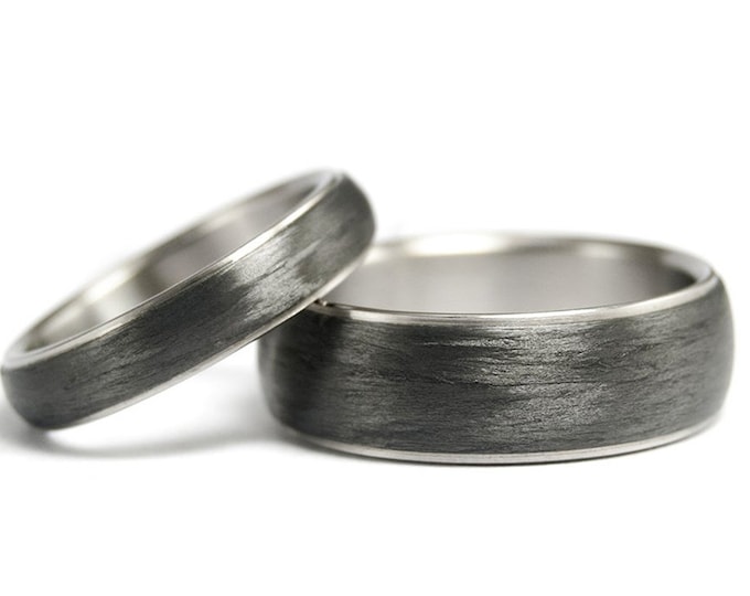 Matte Titanium Carbon Fiber Wedding Band Set, Rounded Rings. (00305_4N7N)