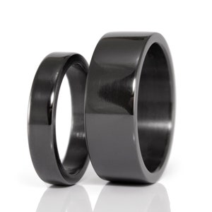 Black zirconium wedding ring set. Zirconium matching flat wedding bands. 01111_4N7N image 1