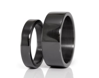 Black zirconium wedding ring set. Zirconium matching flat wedding bands. (01111_4N7N)