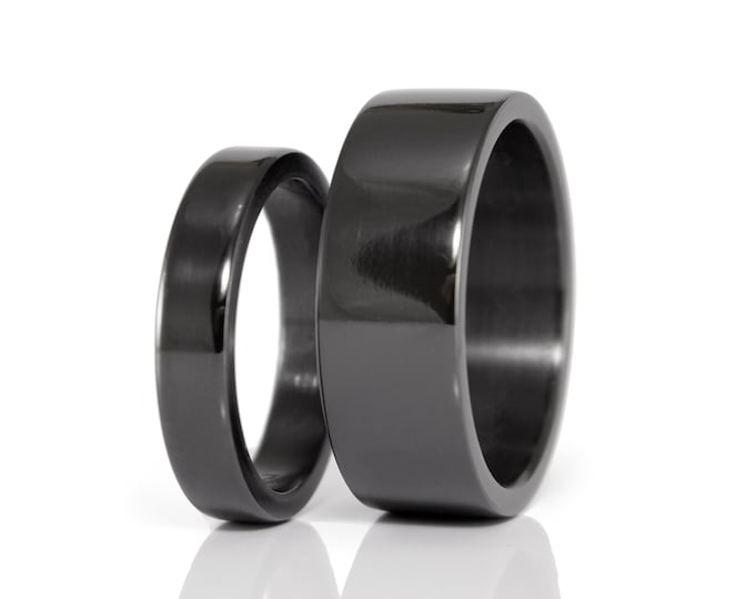 Black Zirconium Wedding Ring Set, Matching Flat Bands. (01111_4N7N)
