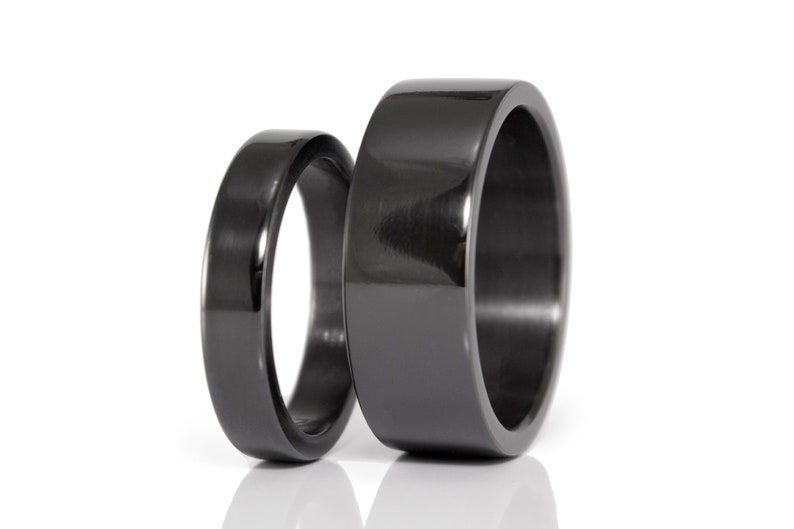 Black zirconium wedding ring set. Zirconium matching flat wedding bands. 01111_4N7N image 1