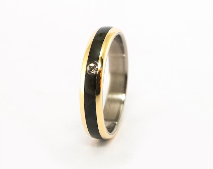 Handmade Titanium Carbon Fiber Ring: 18K Gold & Swarovski Gem. (04719_4S)